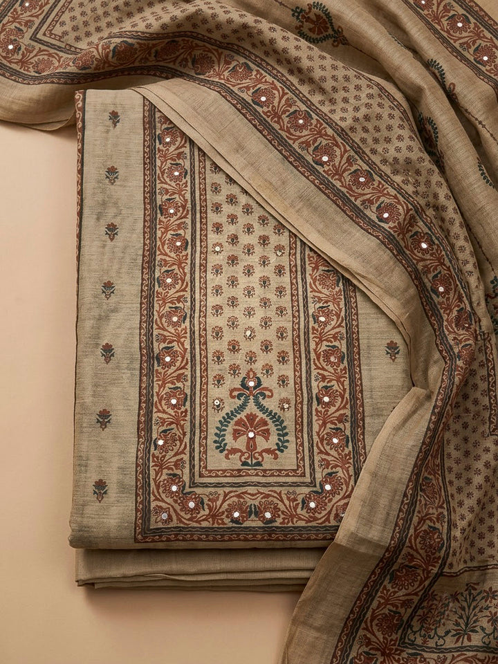 Beige Chanderi Printed Unstitched Dress Material