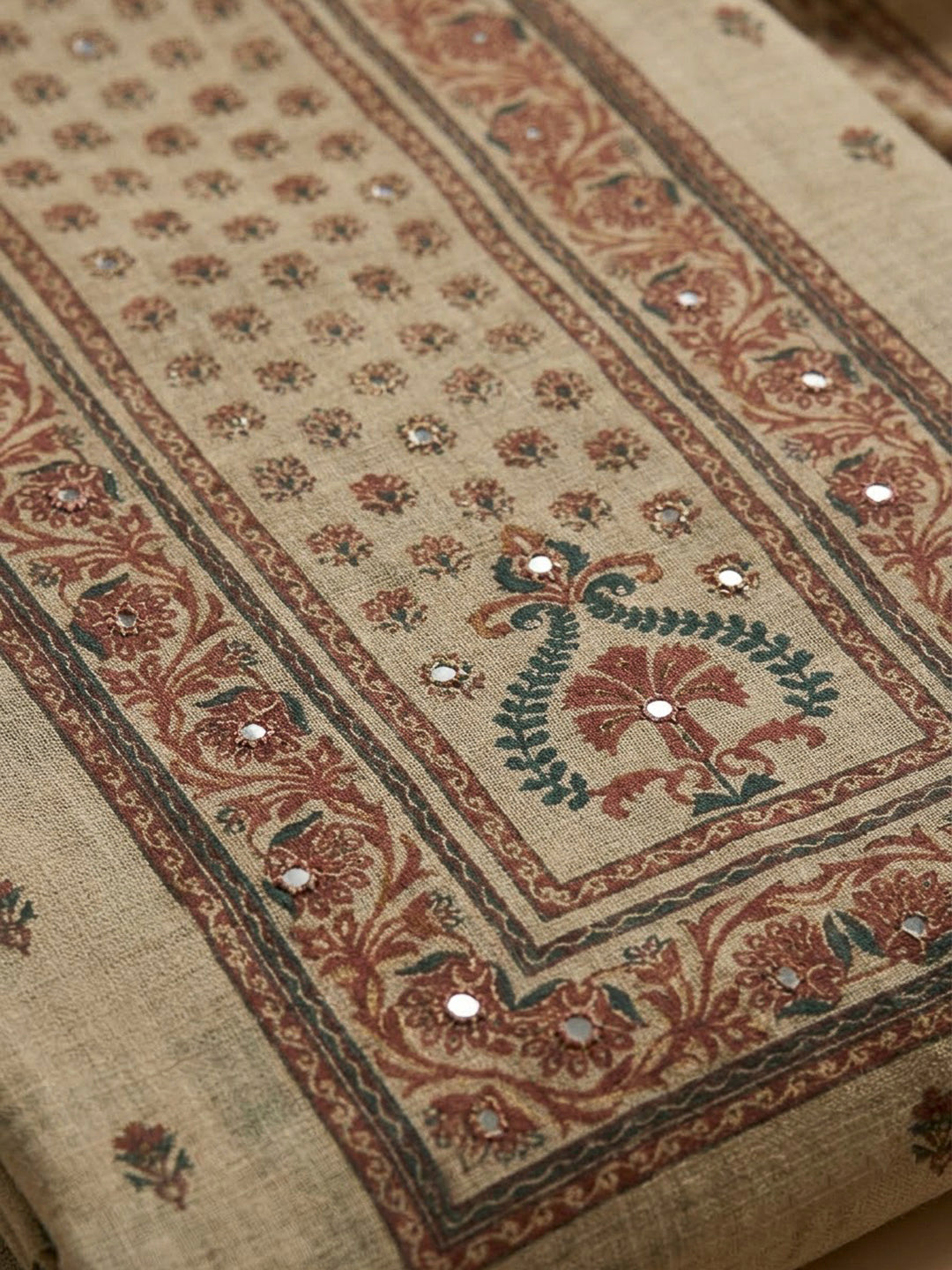 Beige Chanderi Printed Unstitched Dress Material