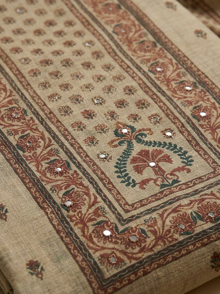 Beige Chanderi Printed Unstitched Dress Material