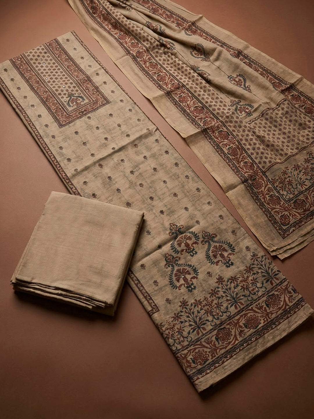 Beige Chanderi Printed Unstitched Dress Material