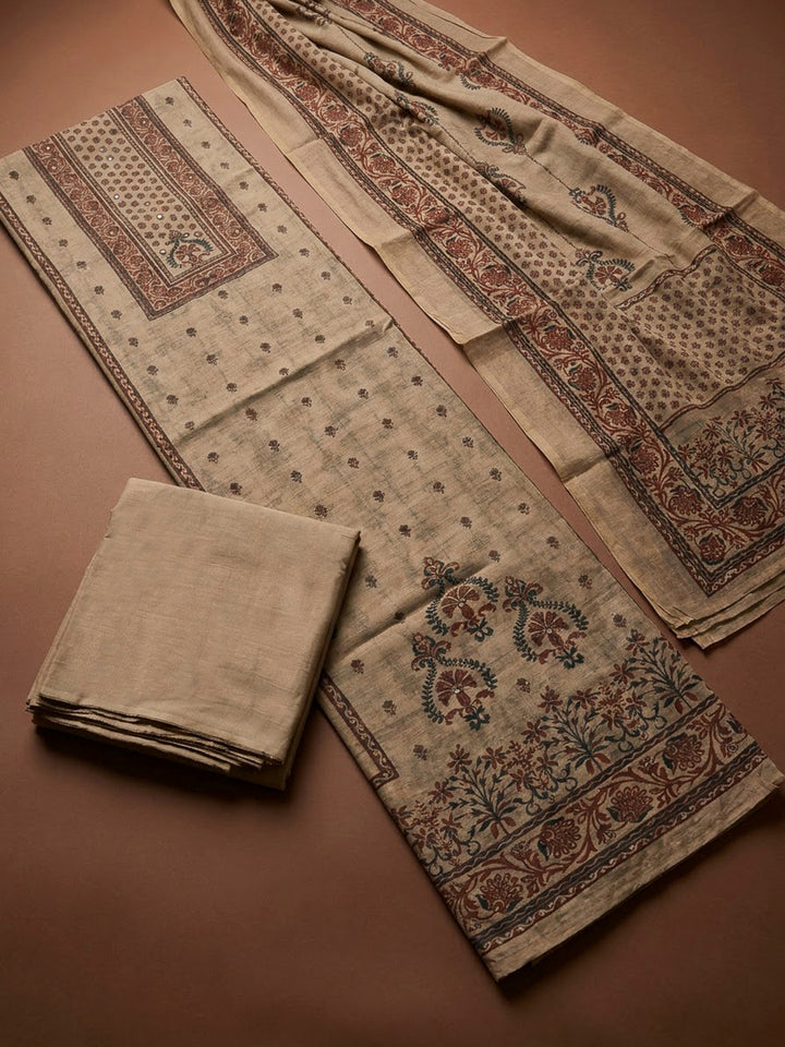 Beige Chanderi Printed Unstitched Dress Material