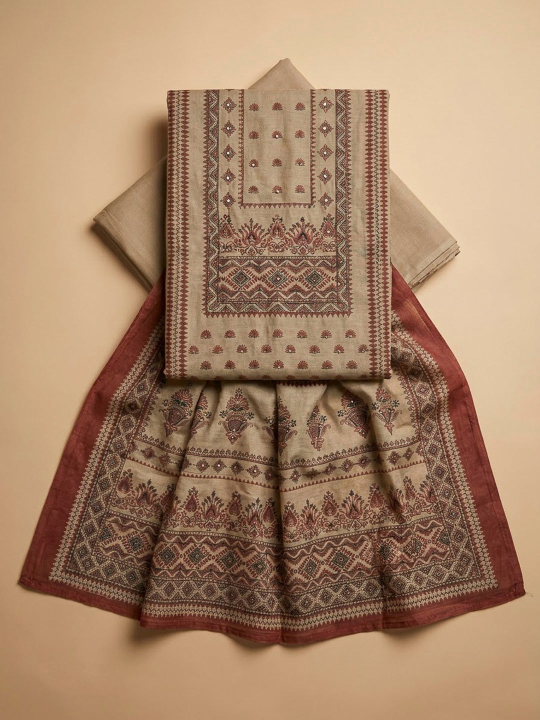 Beige Chanderi Printed Unstitched Dress Material