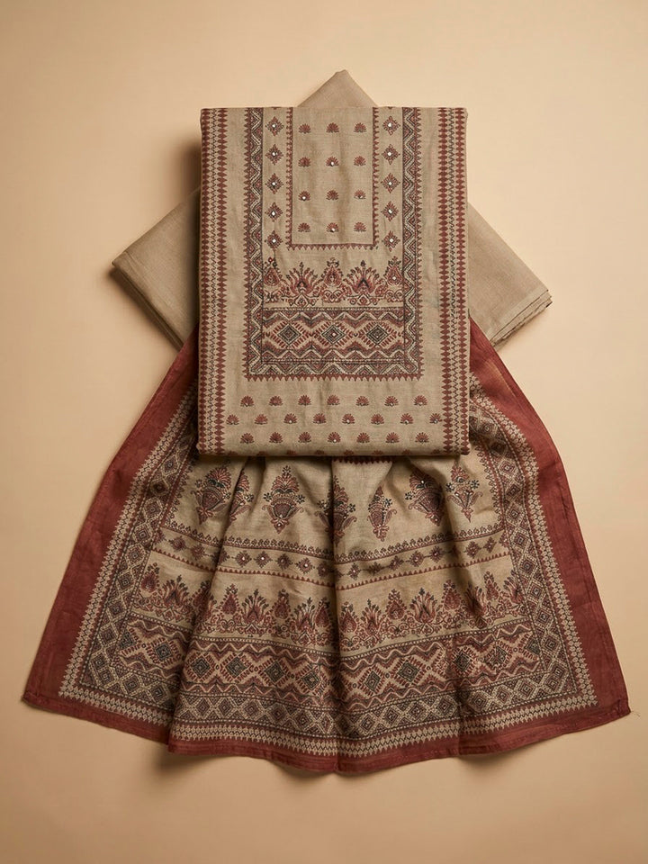 Beige Chanderi Printed Unstitched Dress Material