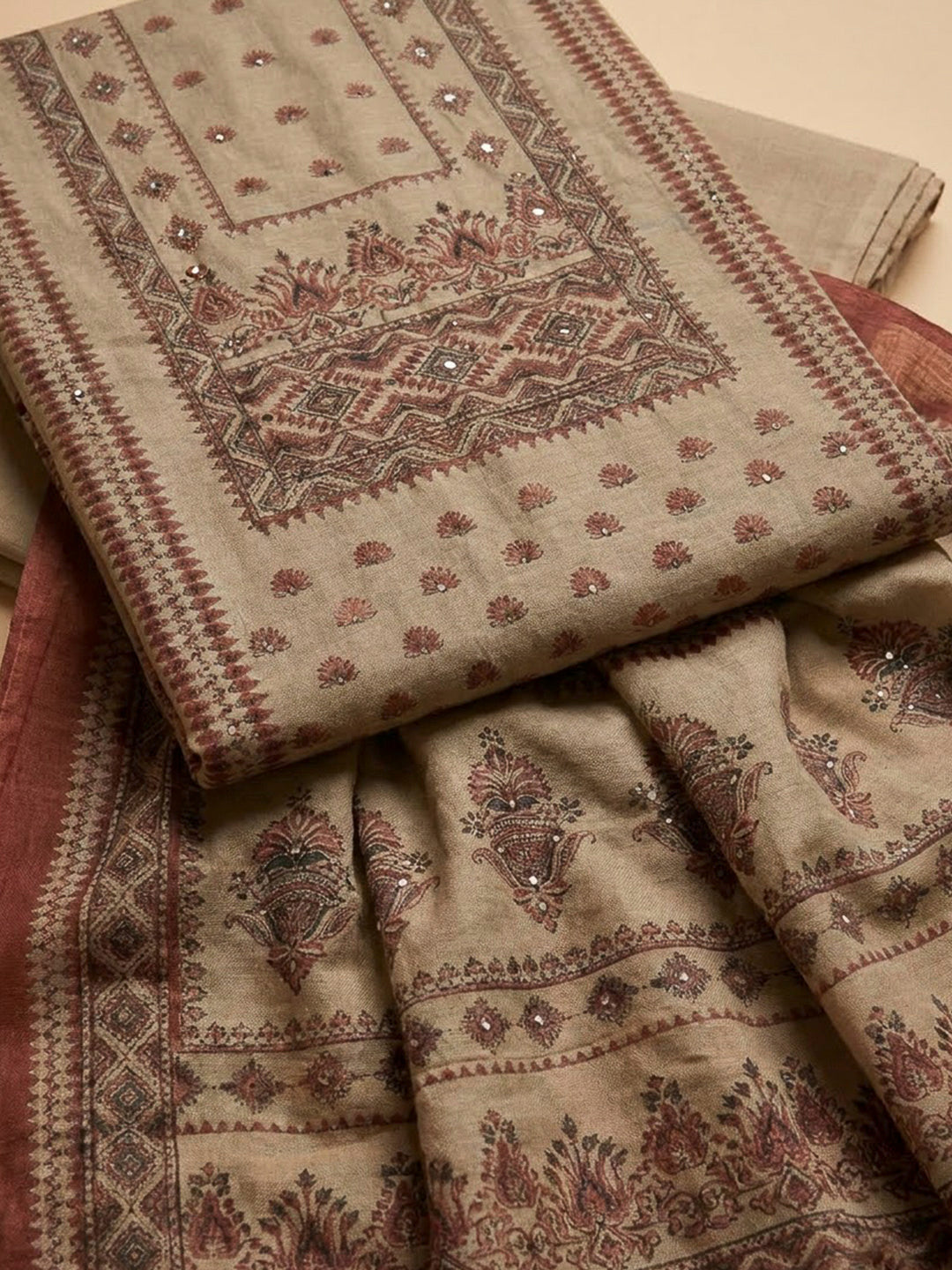 Beige Chanderi Printed Unstitched Dress Material