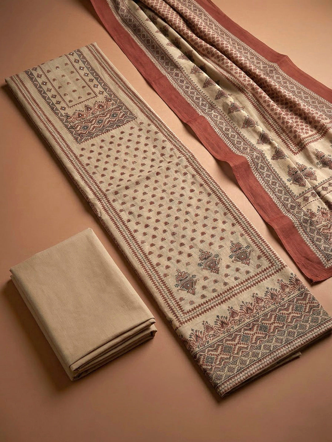 Beige Chanderi Printed Unstitched Dress Material