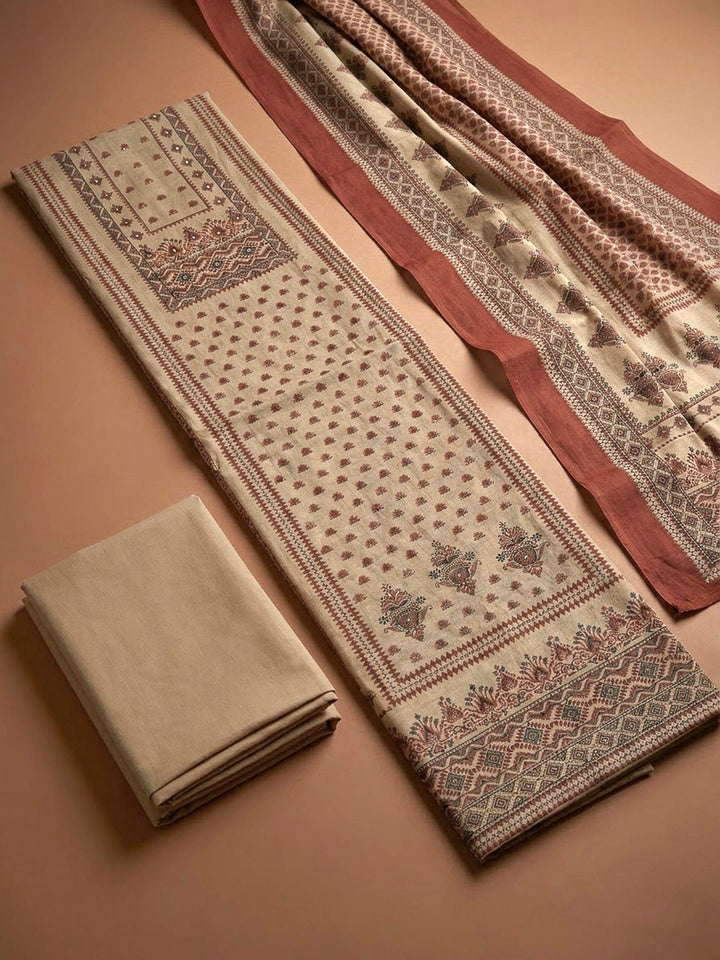 Beige Chanderi Printed Unstitched Dress Material