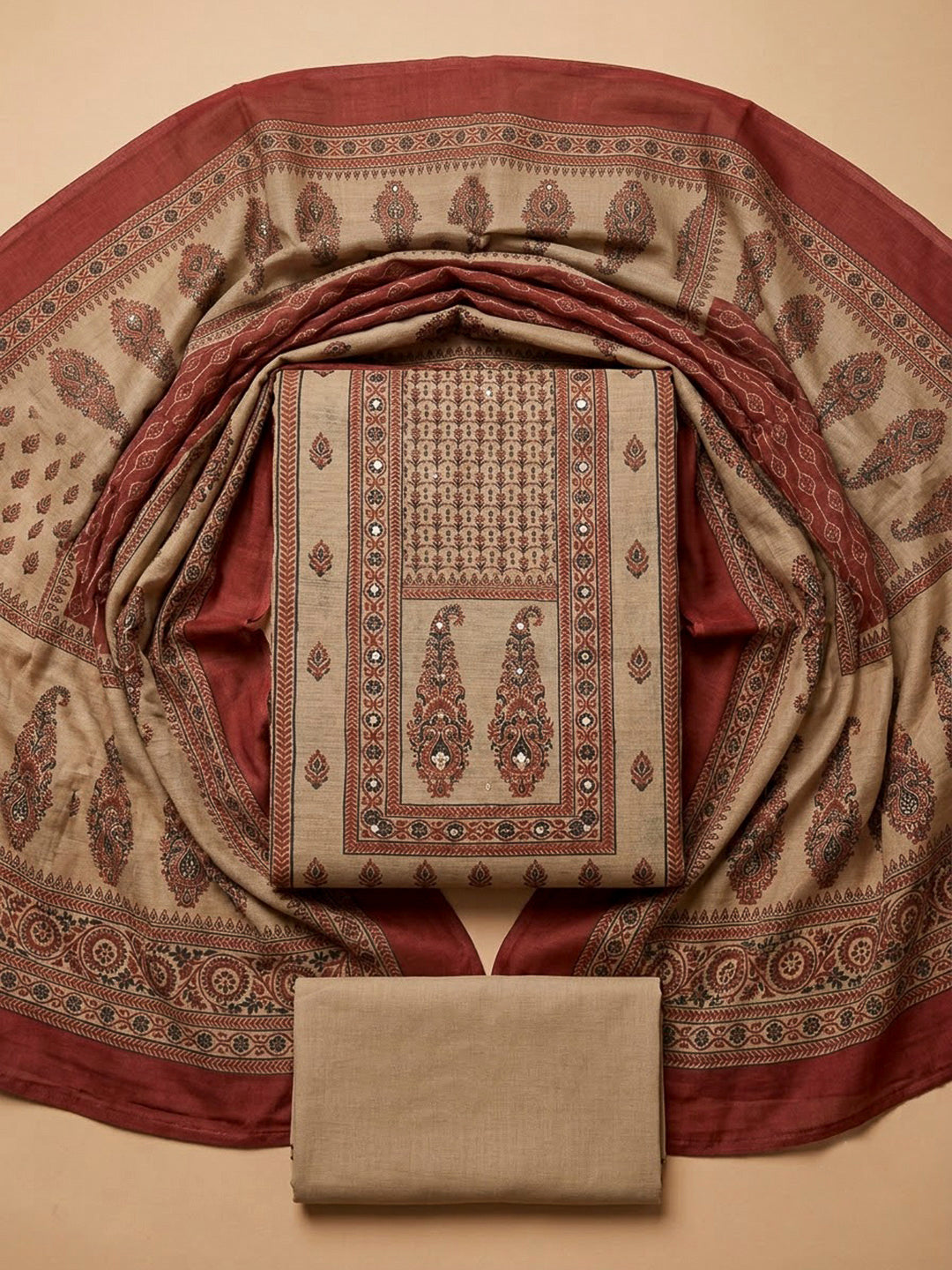 Beige Chanderi Printed Unstitched Dress Material