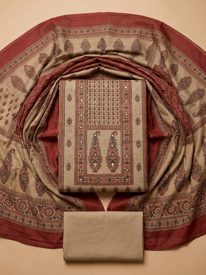Beige Chanderi Printed Unstitched Dress Material