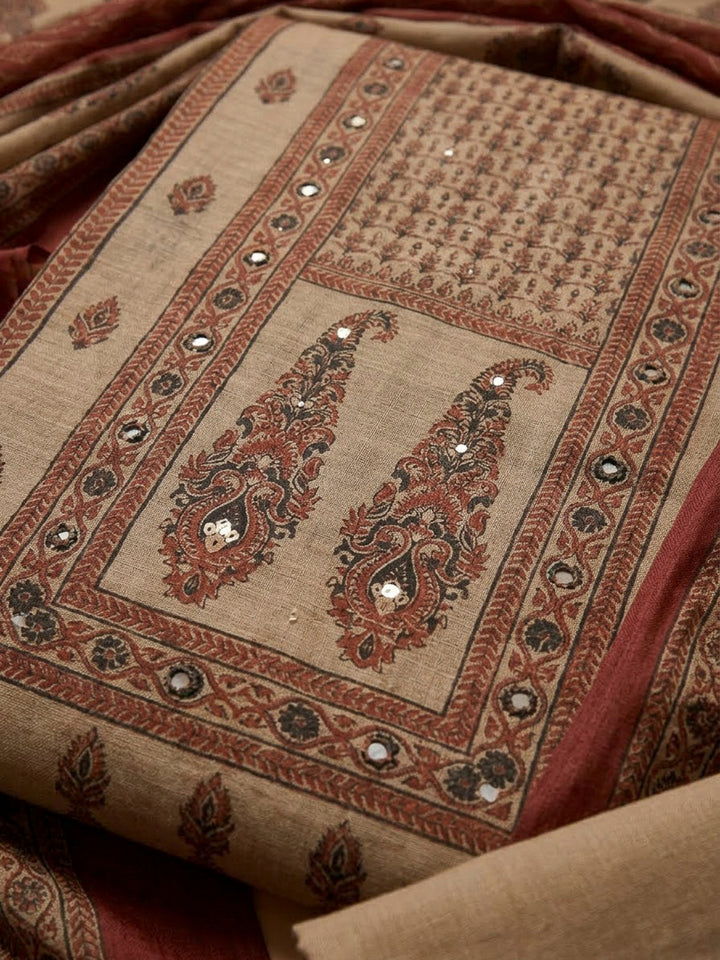 Beige Chanderi Printed Unstitched Dress Material