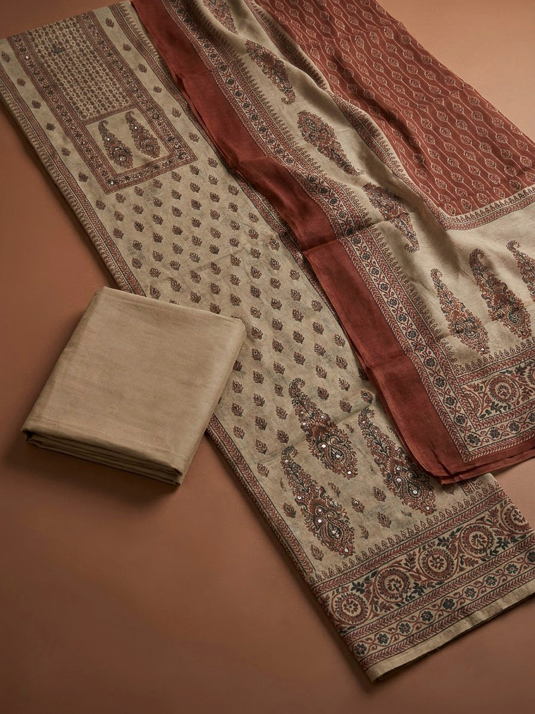 Beige Chanderi Printed Unstitched Dress Material