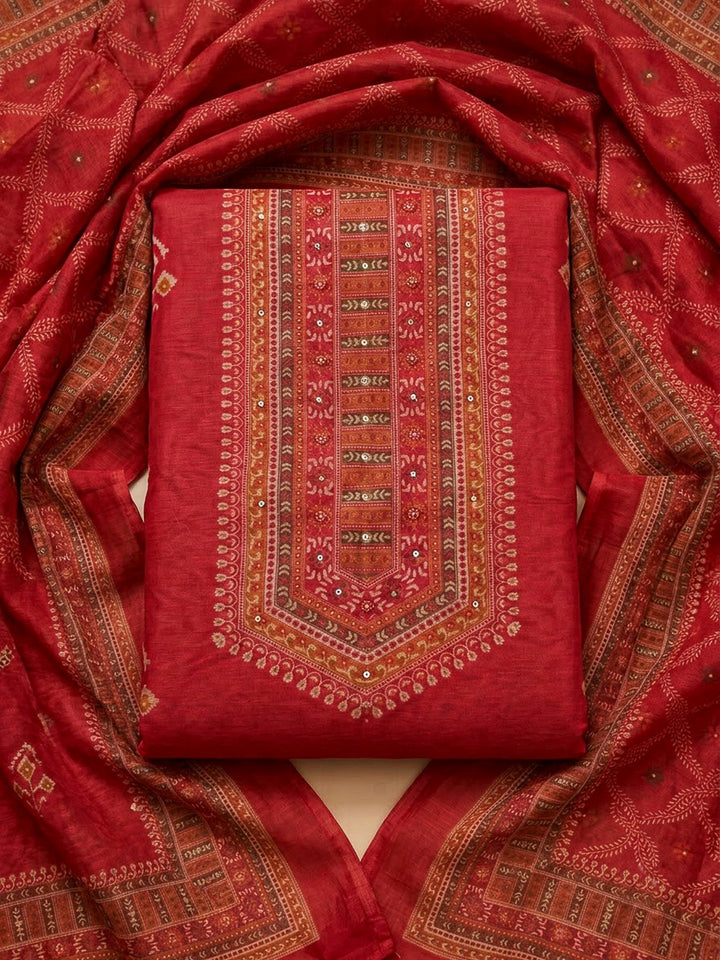 Onion Pink Chanderi Printed Unstitched Dress Material