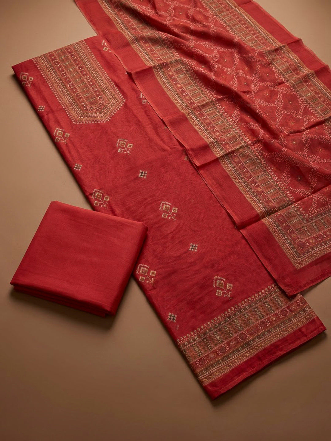 Onion Pink Chanderi Printed Unstitched Dress Material