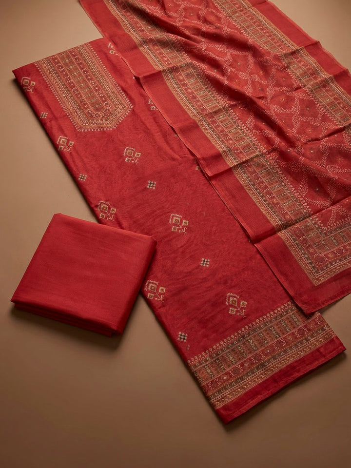 Onion Pink Chanderi Printed Unstitched Dress Material