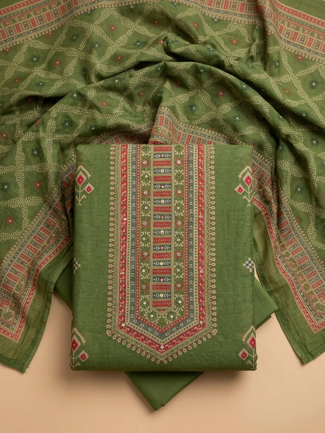 Pista Green Chanderi Printed Unstitched Dress Material