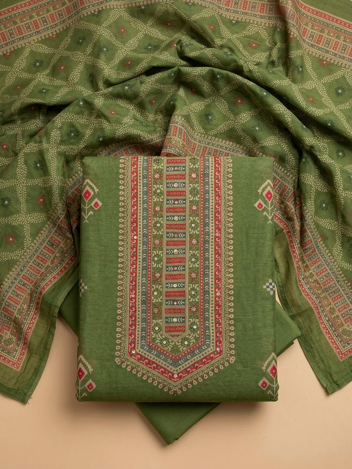 Pista Green Chanderi Printed Unstitched Dress Material