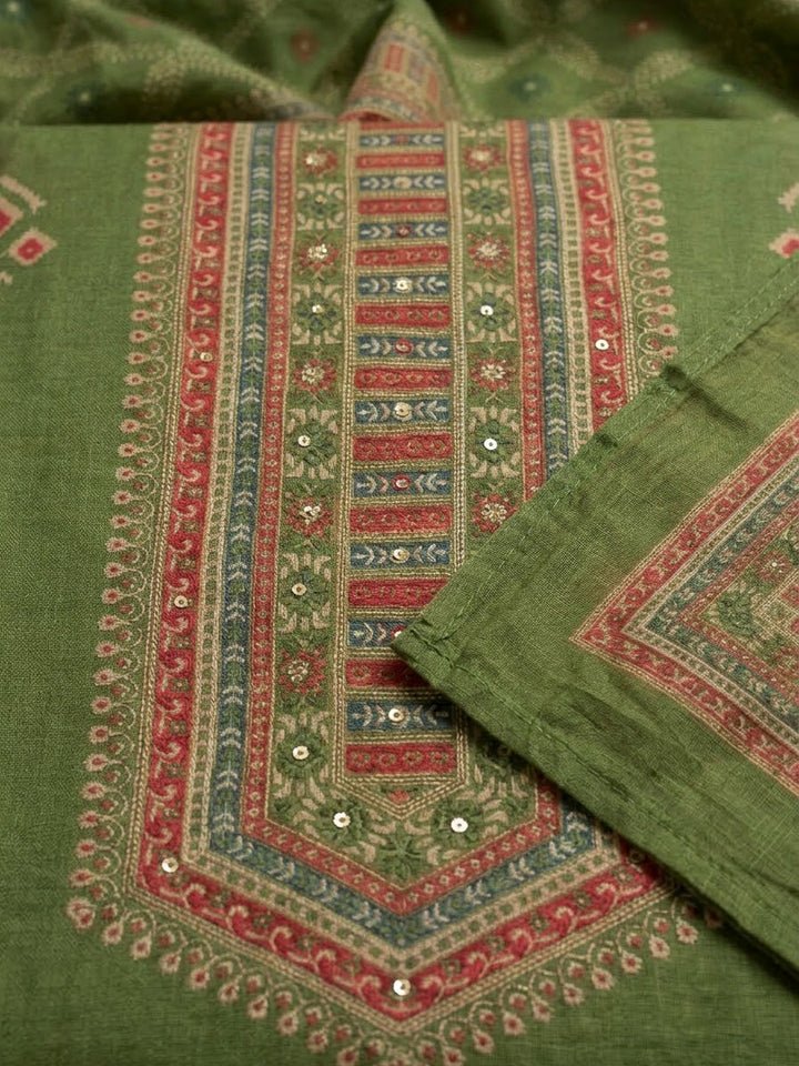 Pista Green Chanderi Printed Unstitched Dress Material