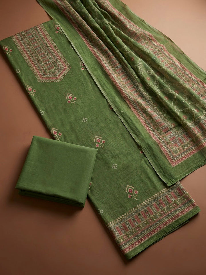 Pista Green Chanderi Printed Unstitched Dress Material