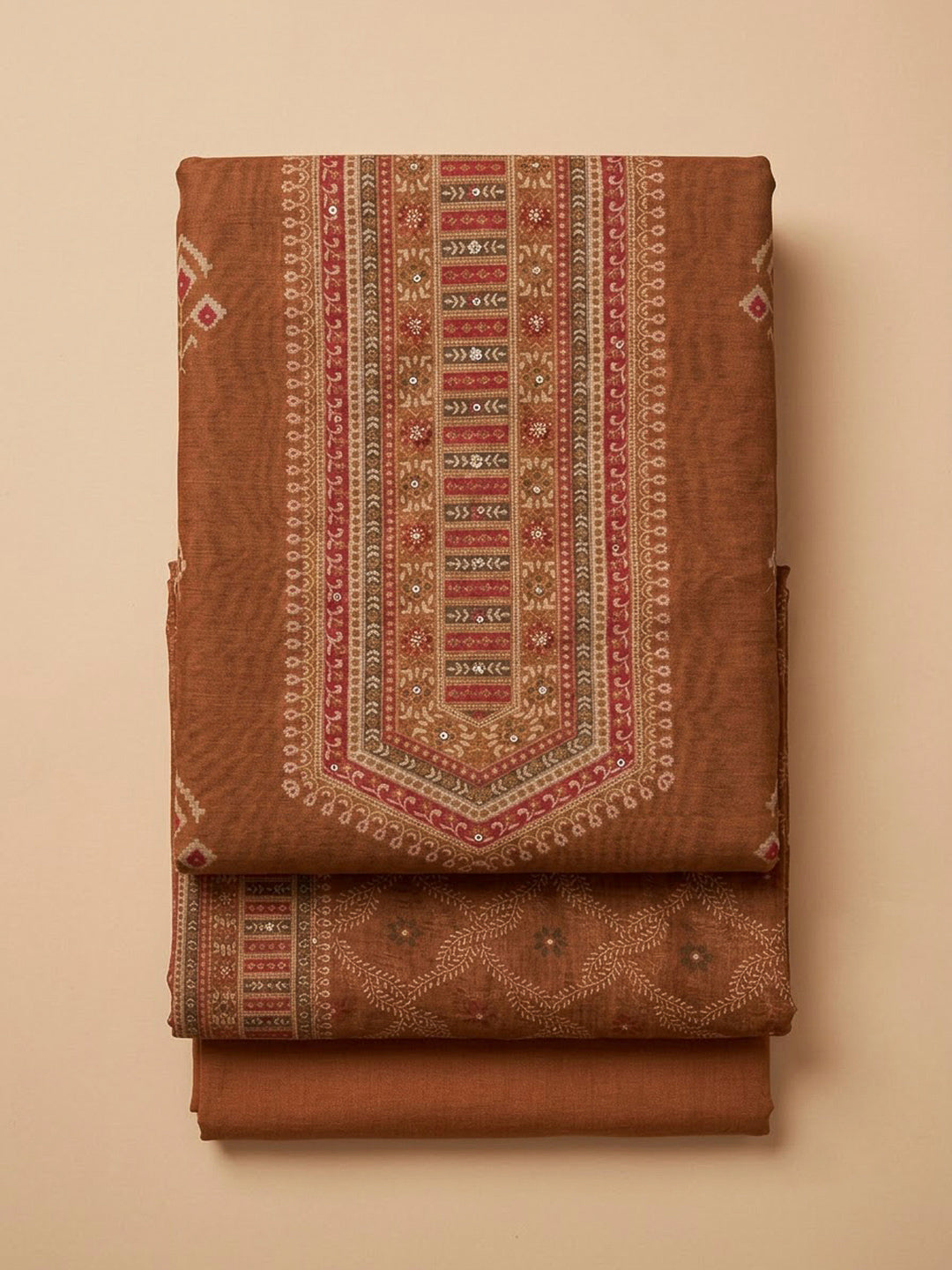Rust Chanderi Printed Unstitched Dress Material