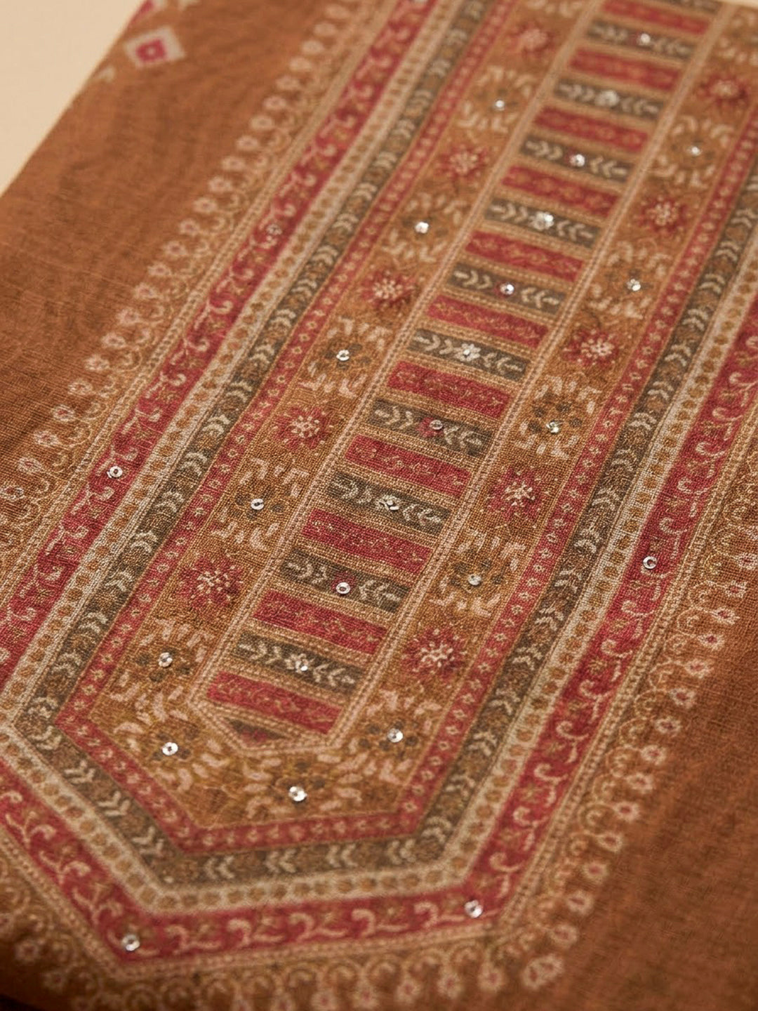 Rust Chanderi Printed Unstitched Dress Material