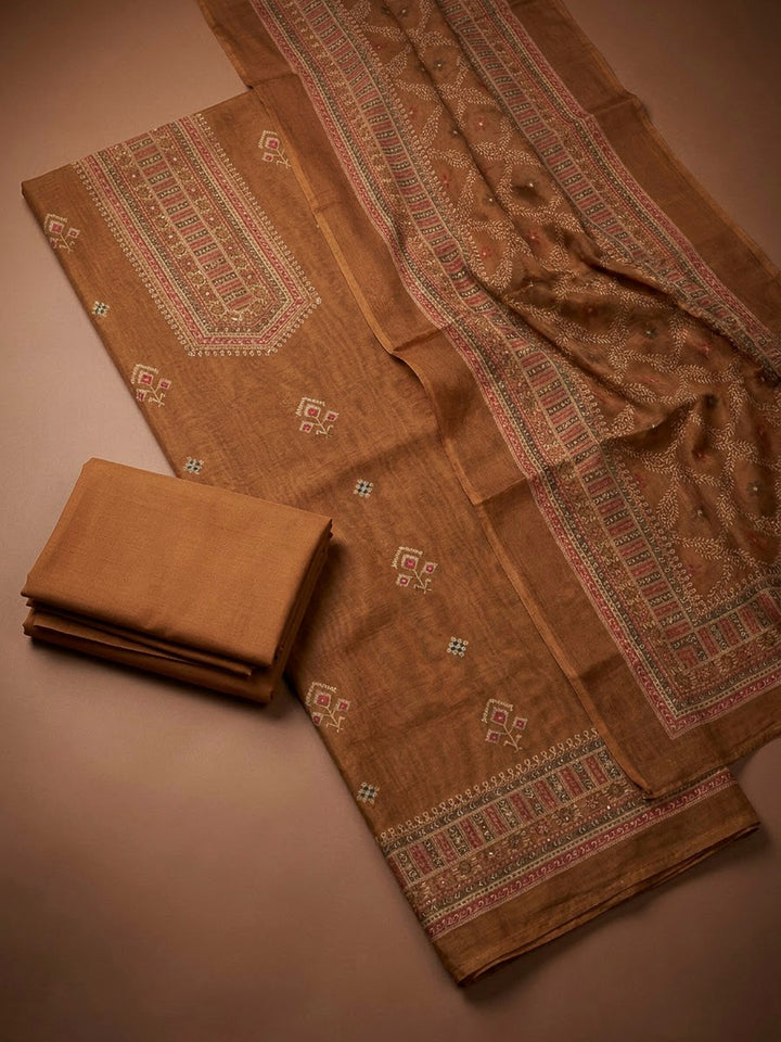 Rust Chanderi Printed Unstitched Dress Material