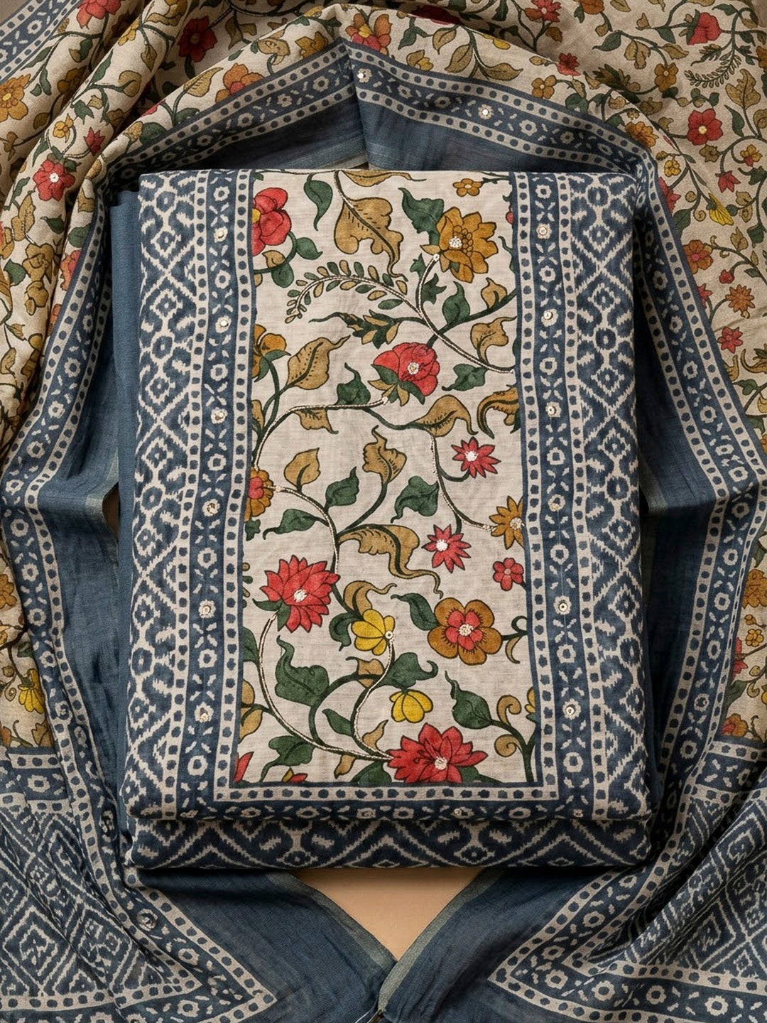 Grey Chanderi Printed Unstitched Dress Material