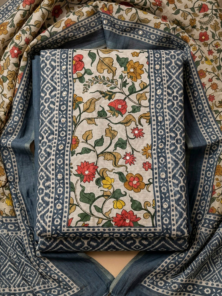 Grey Chanderi Printed Unstitched Dress Material