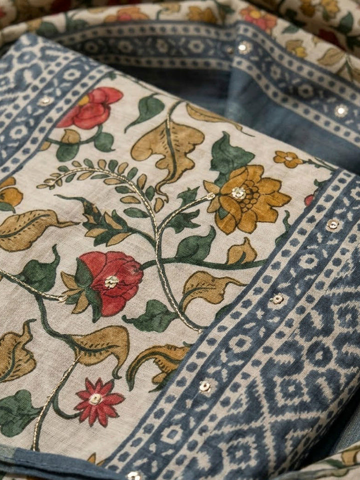 Grey Chanderi Printed Unstitched Dress Material