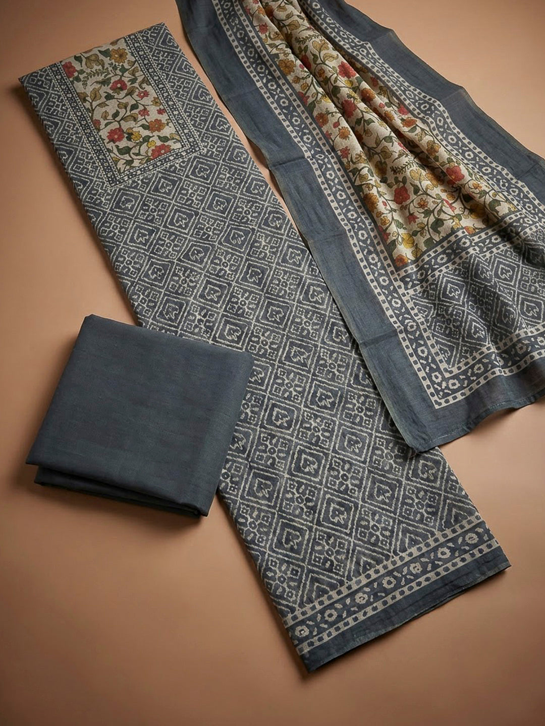 Grey Chanderi Printed Unstitched Dress Material