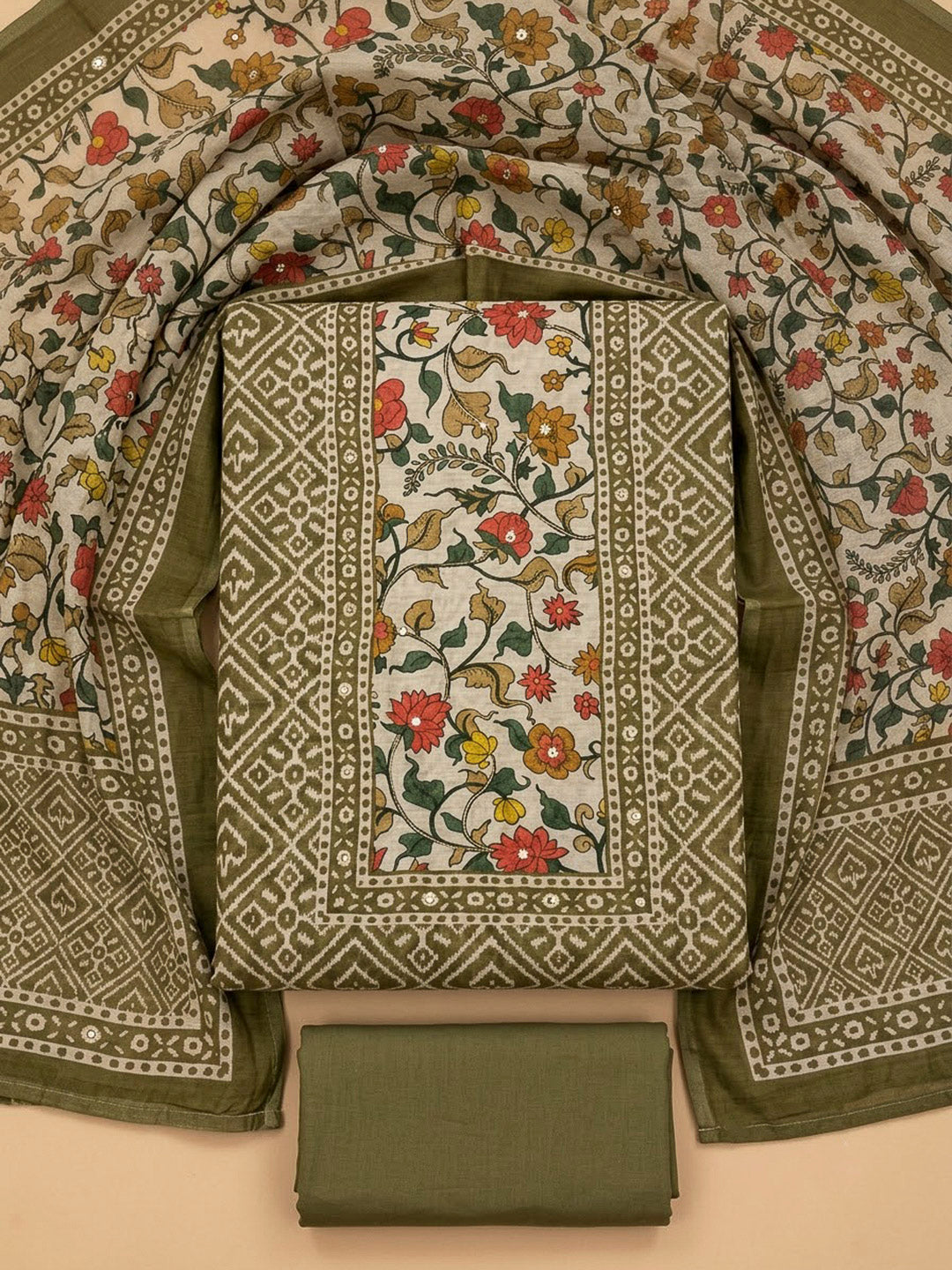 Mehndi Chanderi Printed Unstitched Dress Material