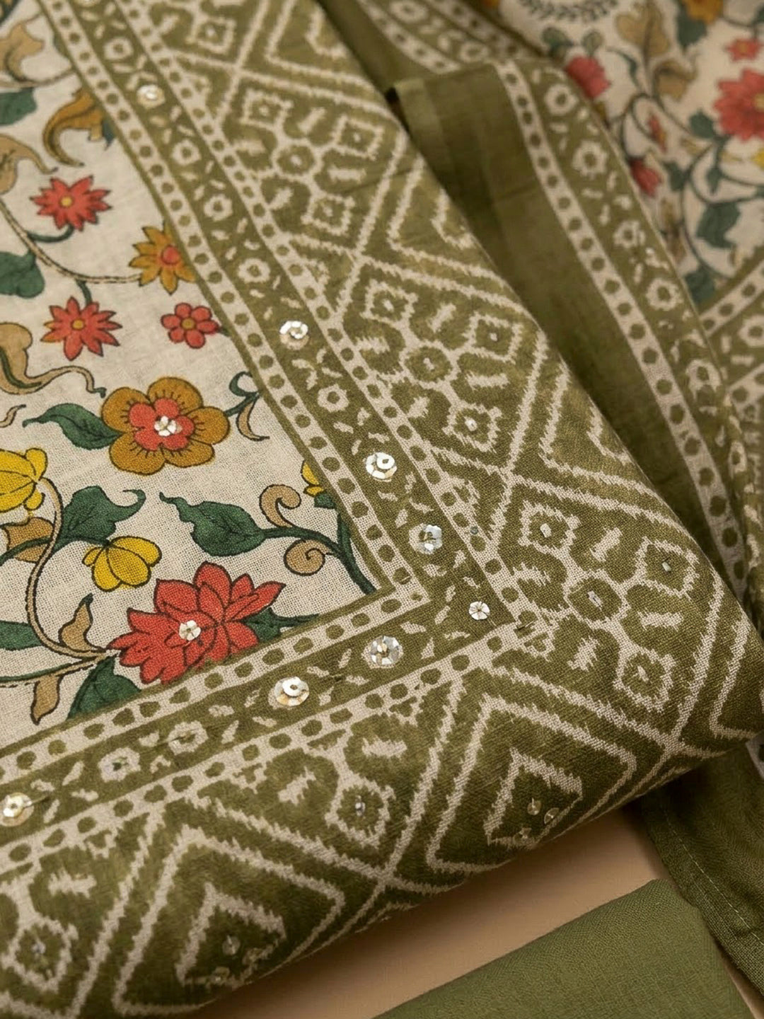 Mehndi Chanderi Printed Unstitched Dress Material