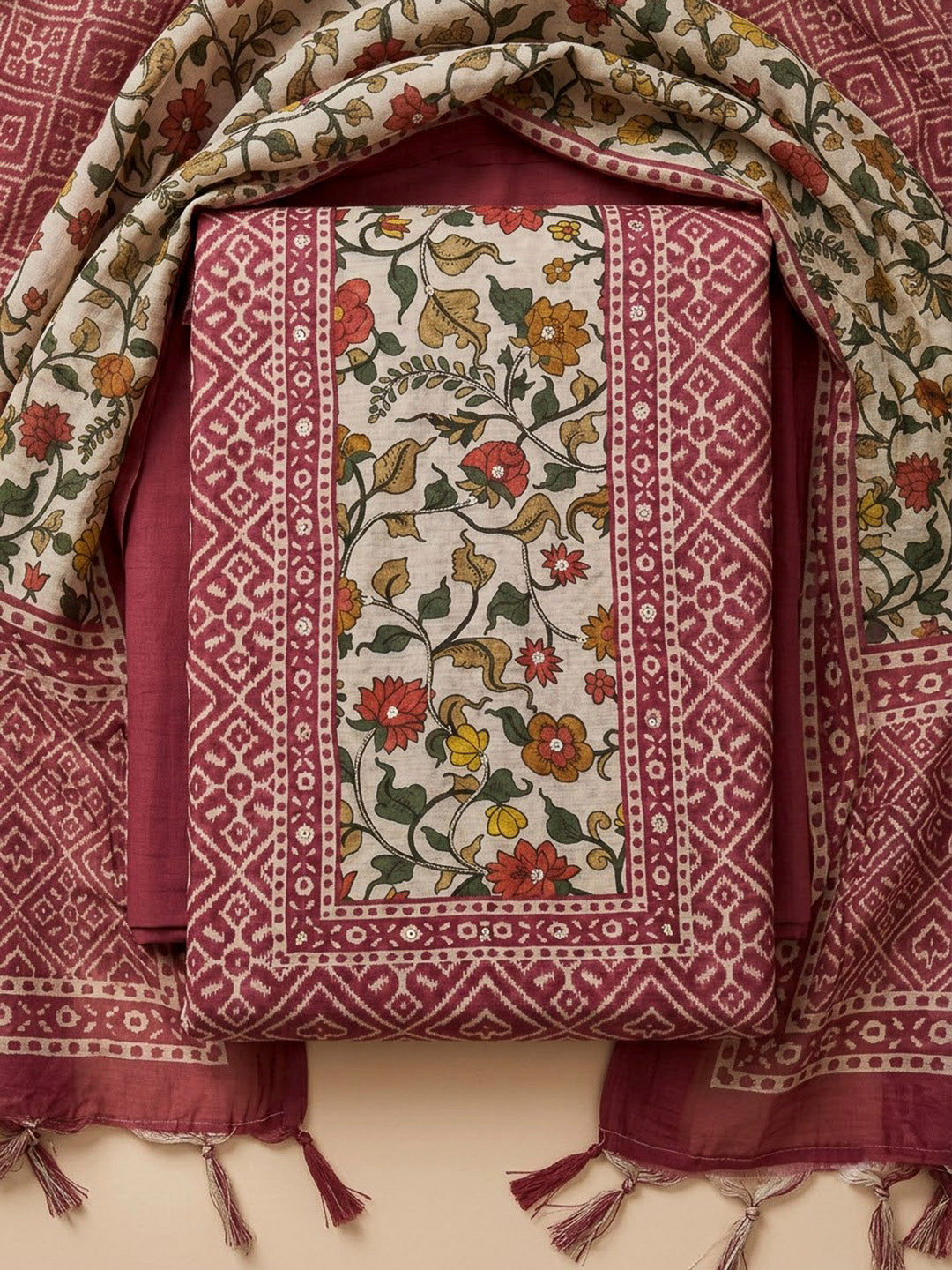 Onion Pink Chanderi Printed Unstitched Dress Material