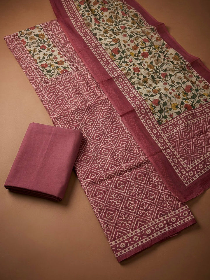 Onion Pink Chanderi Printed Unstitched Dress Material