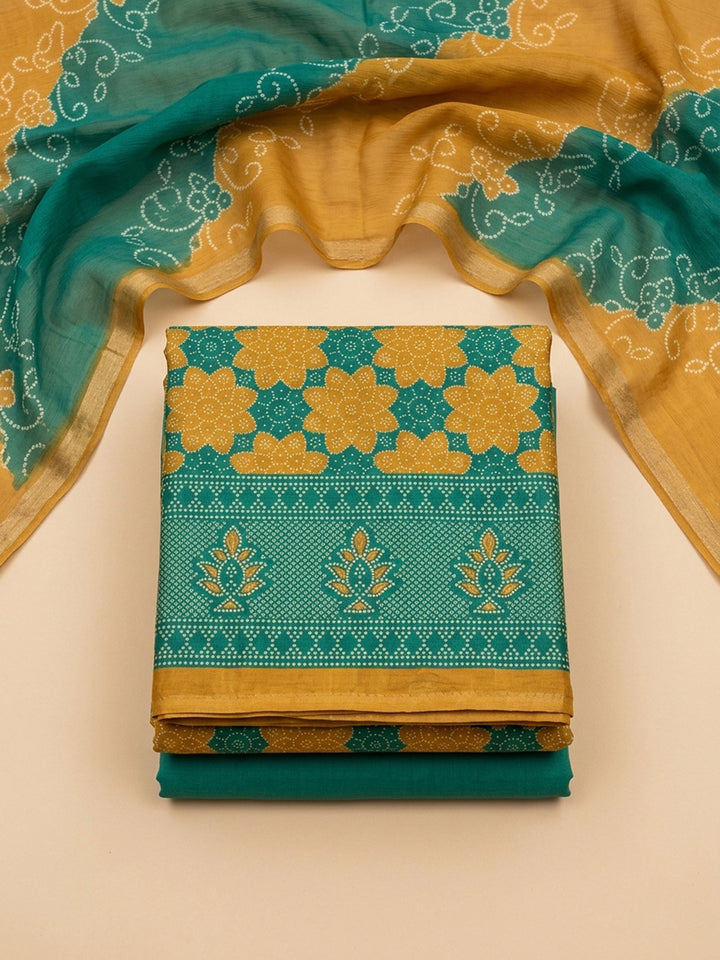 Green Printed Chanderi Unstitched Dress Material