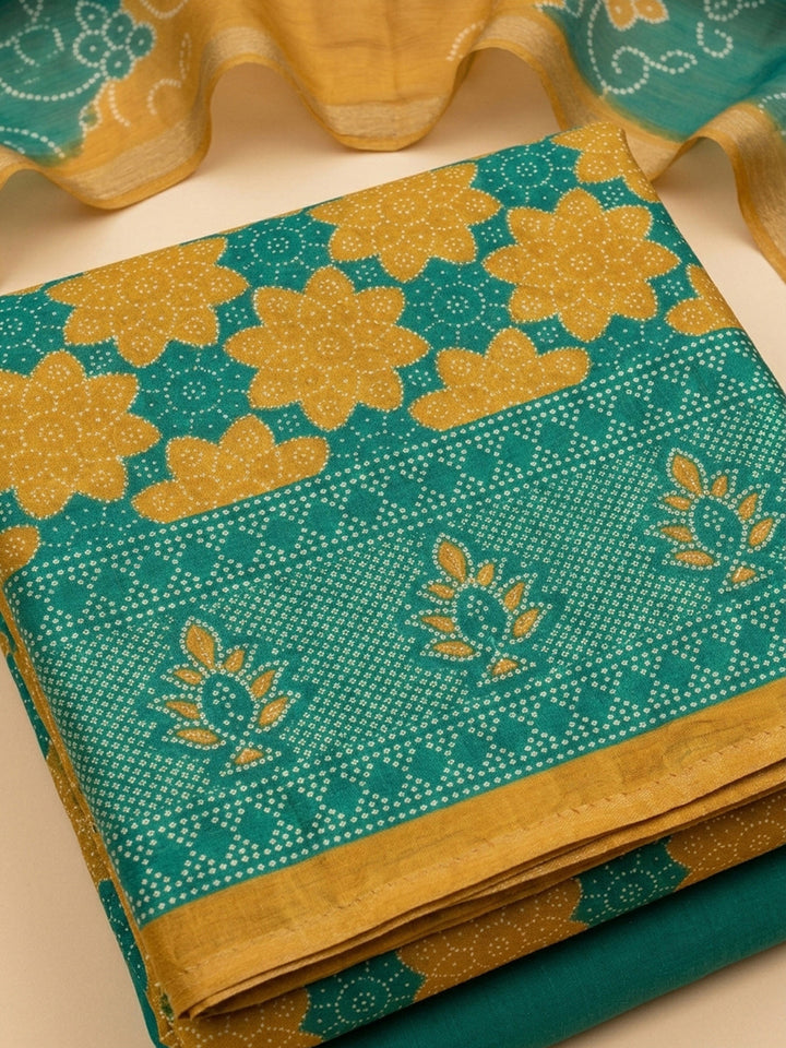 Green Printed Chanderi Unstitched Dress Material