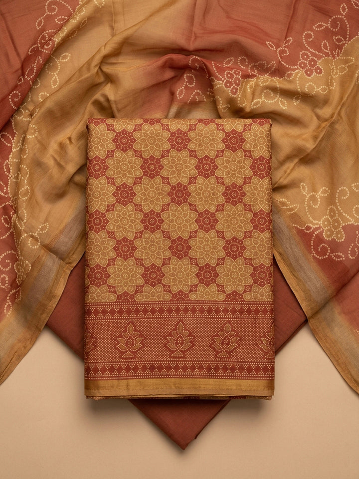 Rust Printed Chanderi Unstitched Dress Material