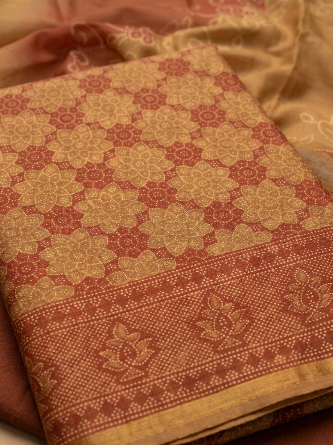 Rust Printed Chanderi Unstitched Dress Material