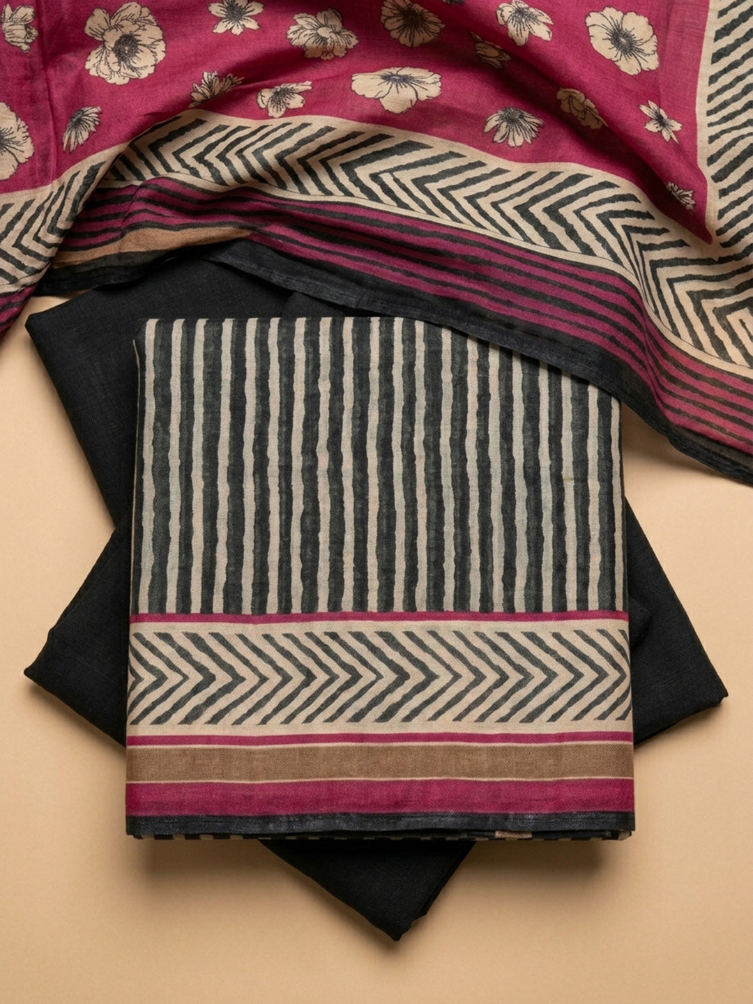 Black-Pink Printed Cotton Blend Unstitched Dress Material