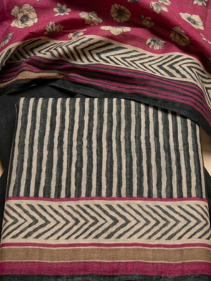Black-Pink Printed Cotton Blend Unstitched Dress Material