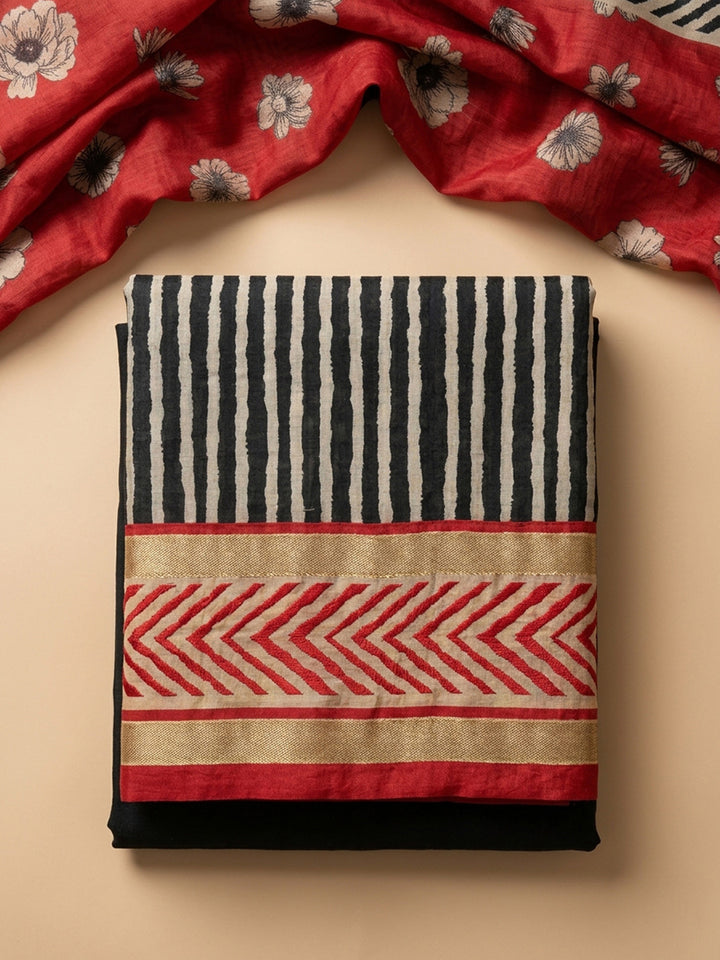 Black-Red Printed Cotton Blend Unstitched Dress Material