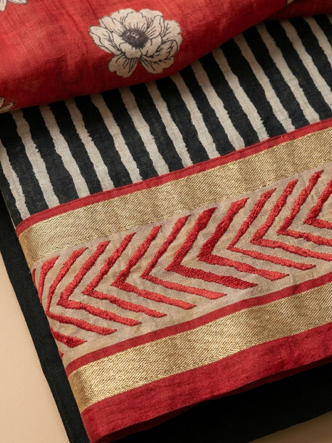Black-Red Printed Cotton Blend Unstitched Dress Material