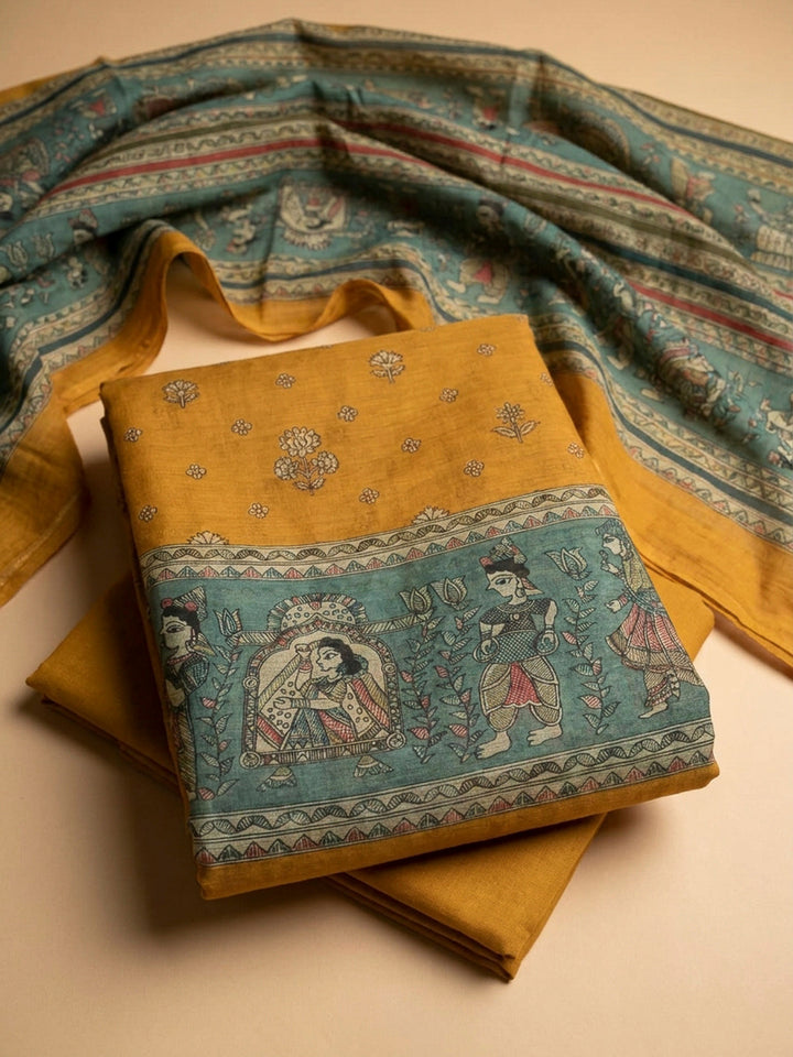 Mustard Printed Chanderi Unstitched Dress Material