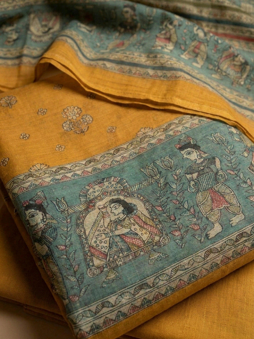Mustard Printed Chanderi Unstitched Dress Material