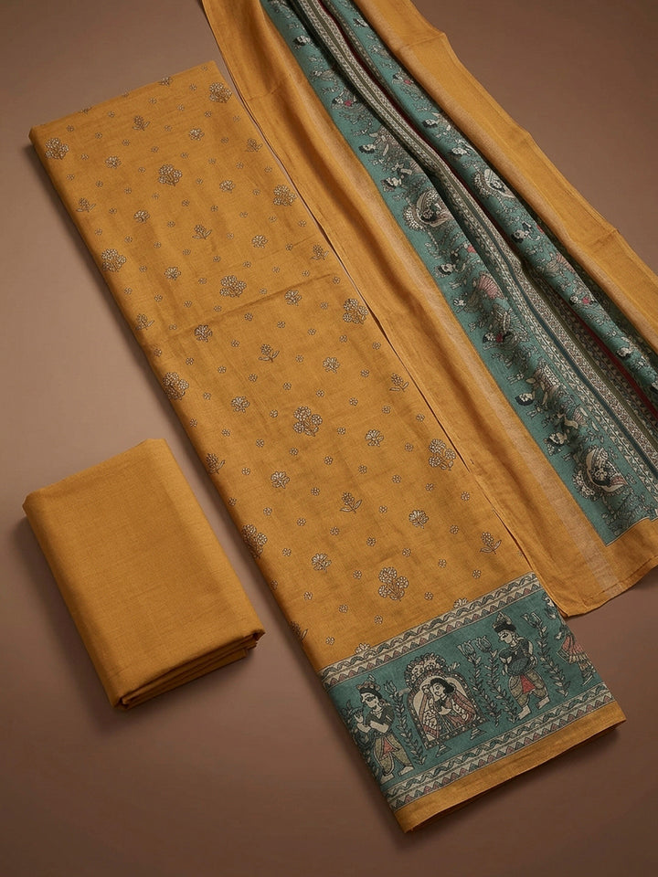 Mustard Printed Chanderi Unstitched Dress Material