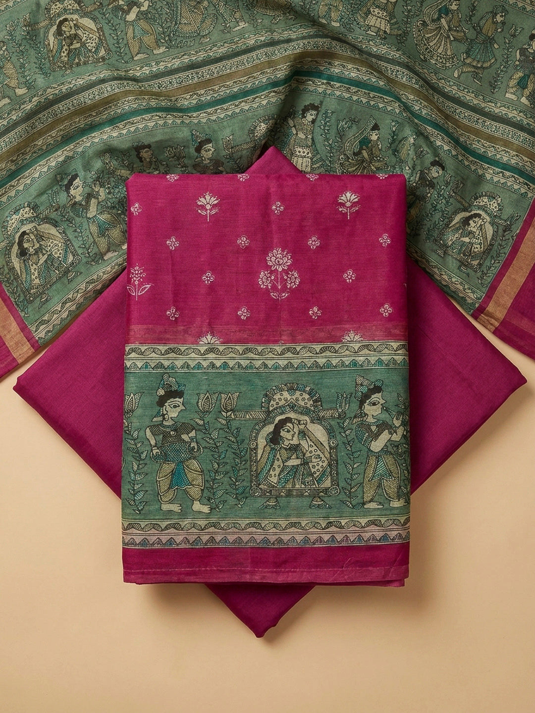 Red Printed Chanderi Unstitched Dress Material