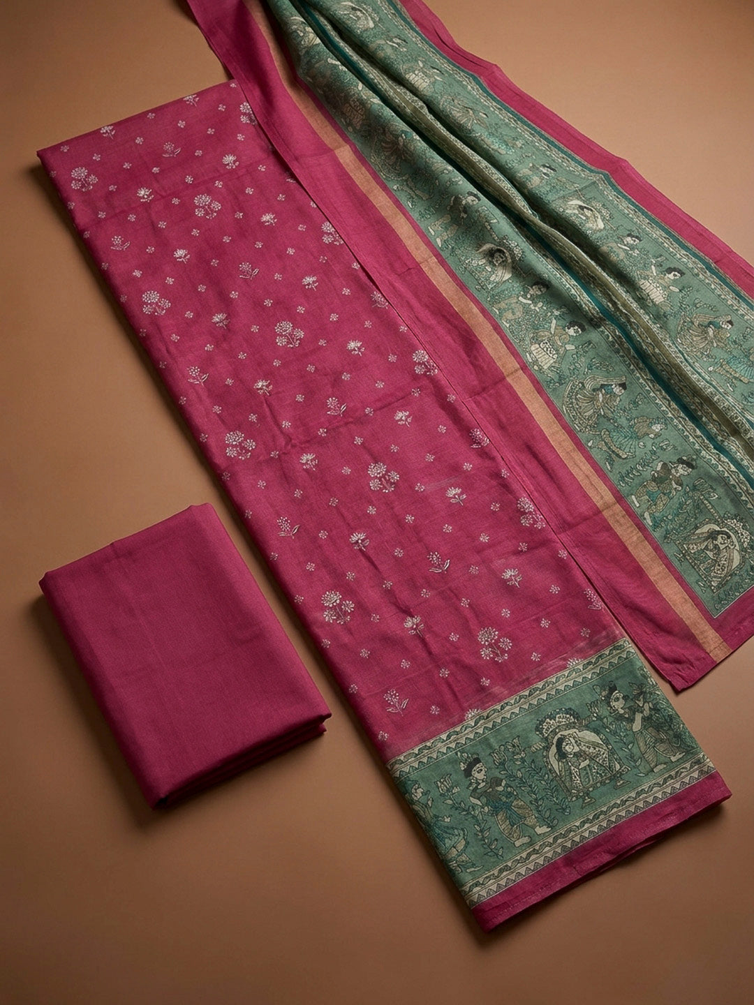 Red Printed Chanderi Unstitched Dress Material