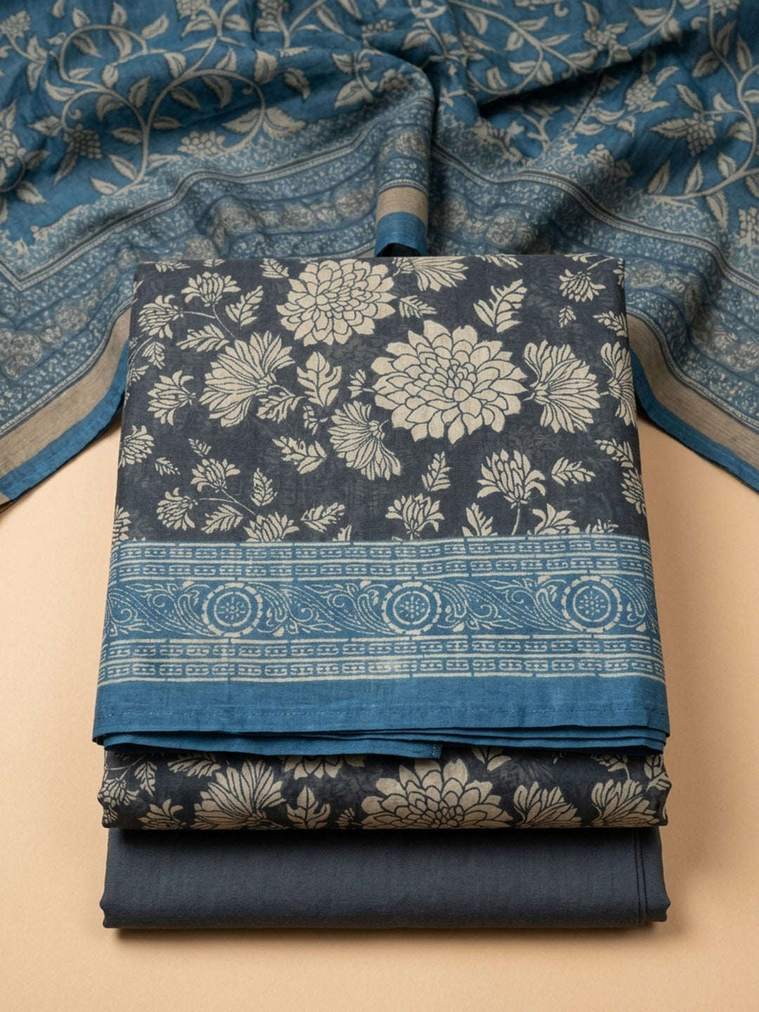 Grey-Blue Printed Chanderi Unstitched Dress Material