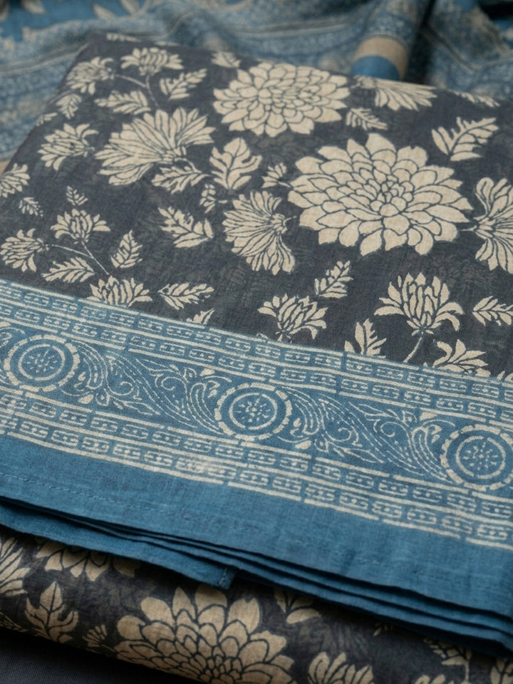 Grey-Blue Printed Chanderi Unstitched Dress Material