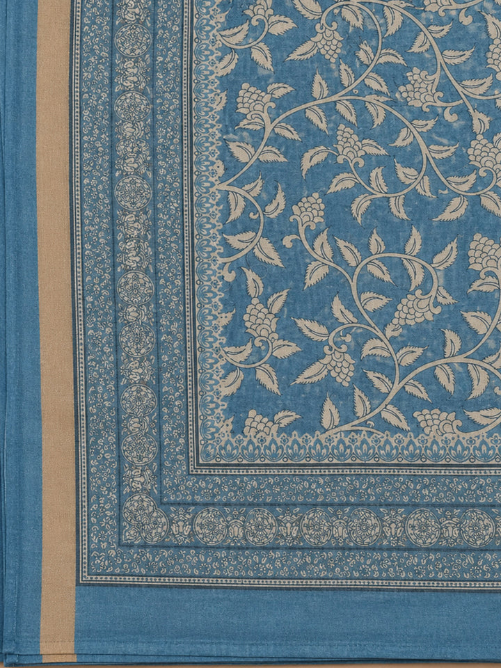 Grey-Blue Printed Chanderi Unstitched Dress Material