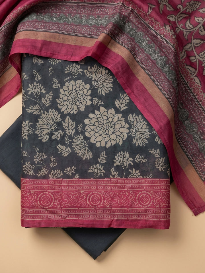 Grey-Rani Printed Chanderi Unstitched Dress Material