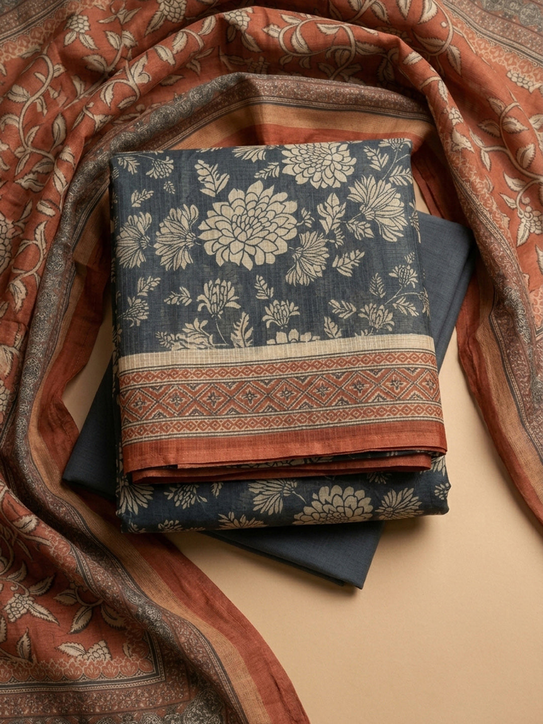 Grey-Rust Printed Chanderi Unstitched Dress Material